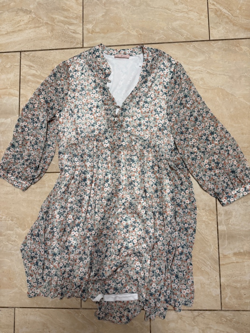 Floral Ruffle V-Neck Dress in Dusty Blue & Blush